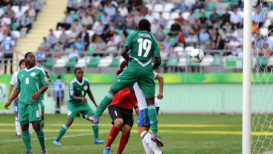 Chinwendu Ihezuo of Nigeria heads her side's tenth goal during the FIFA U-17 Women's World Cup Group A match between Azerbaijan and Nigeria at Lankaran Stadium on September 25, 2012 in Lankaran, Azerbaijan. (Photo by Chris Brunskill-FIFA)