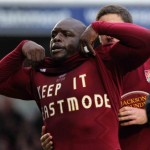 Adebayo Akinfenwa celebrates the first of his two goals against Wycombe on Saturday (Picture: Sharon Lucey)