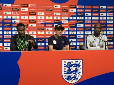 Nigeria's Super Eagles Coach Gernot Rohr and captain Mikel John Obi meet the press after the team's friendly match with England at the Wembley stadium in London.
