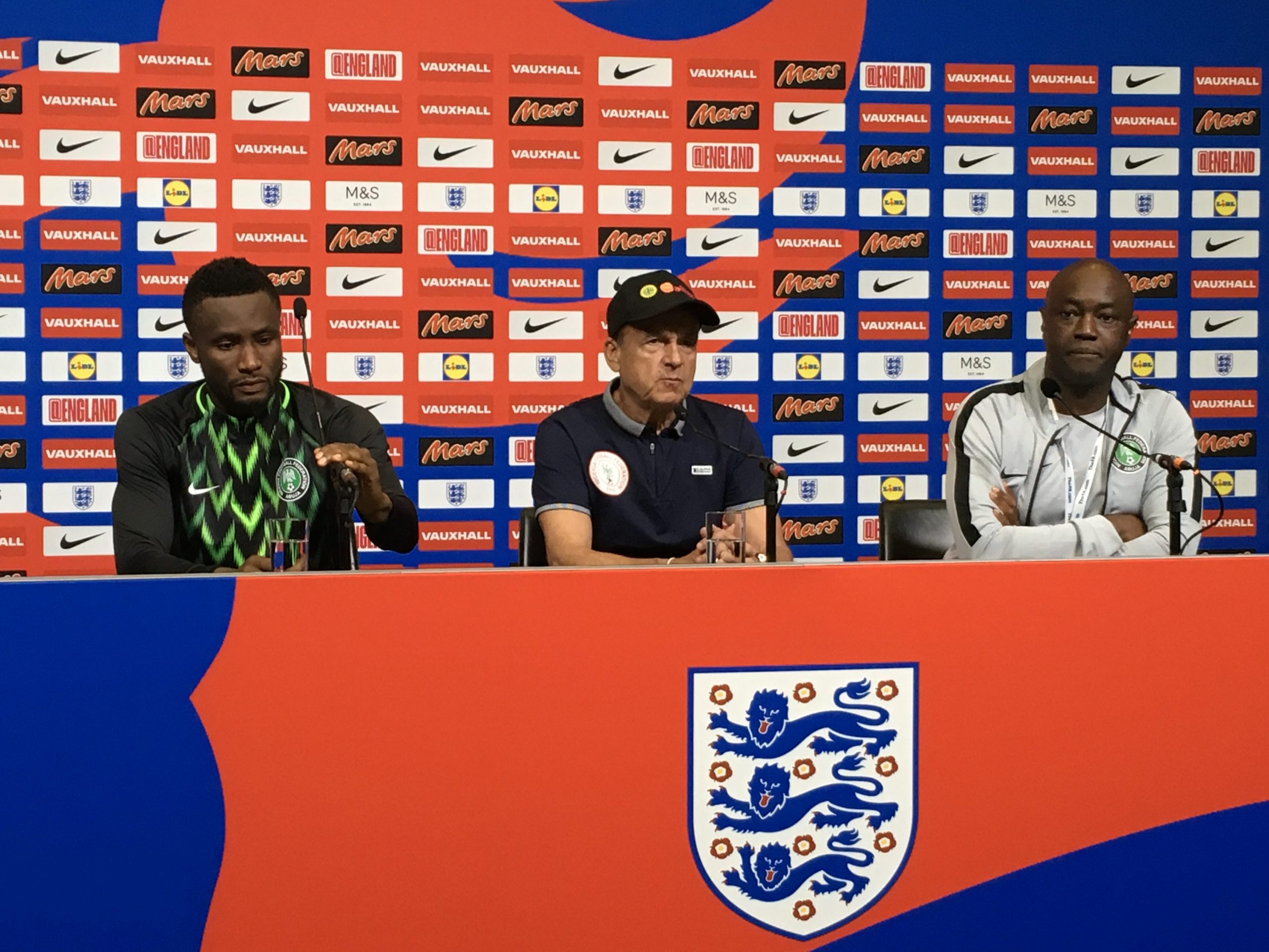 Nigeria's Super Eagles Coach Gernot Rohr and captain Mikel John Obi meet the press after the team's friendly match with England at the Wembley stadium in London.