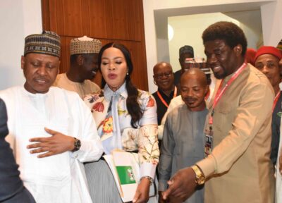 From left: Minister of Information and National Orientation, Mohammed Idris; Minister of Labour and Employment, Nkeiruka Onyejeocha; President, Nigeria Labour Congress, Comrade Joe Ajero and President Trade Union Congress, Comrade Festus Osifo briefing State House Correspondents after their meeting with President Bola Tinubu on the new Minimum Wage at the Presidential Villa in Abuja on Thursday (18/7/24) Photo: NAN